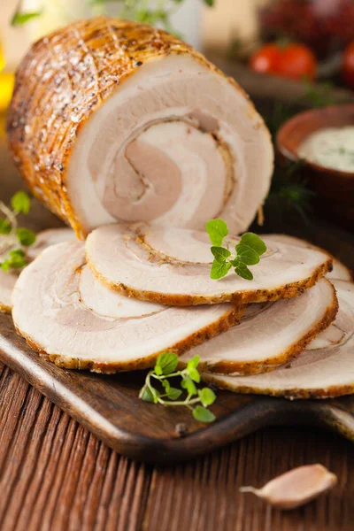 Whole Bacon Roulade Served Sliced Meat White Sauce Front View — Stock Photo, Image