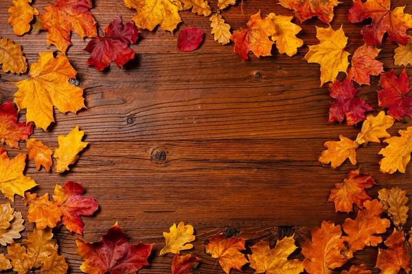 Ahşap arka plan. Sonbahar yaprakları ve balkabakları. Üst görünüm.