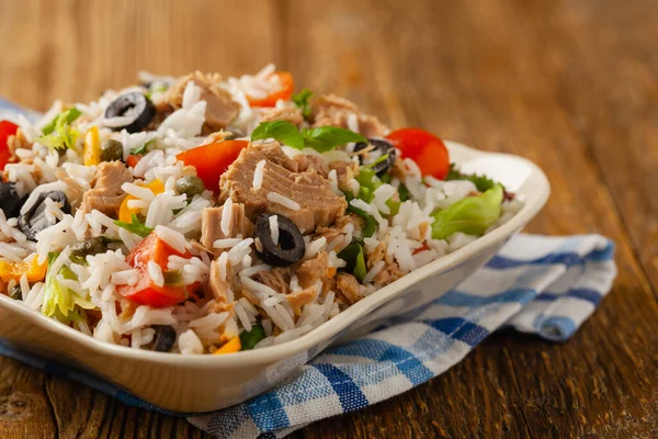 Italian Tuna Salad Rice Olives Capers Front View Natural Wooden — Stock Photo, Image