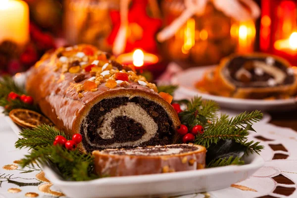 Poppy Seed Roulade Christmas Decoration Served Coffee Tea Front View — Stock Photo, Image
