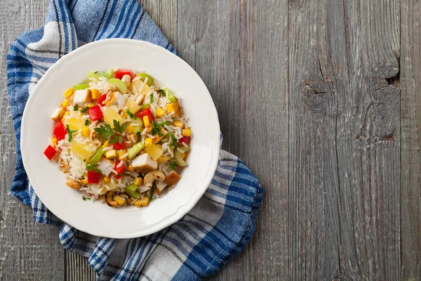 Salad Rice Chicken Peanuts Vegetables Top View — Stock Photo, Image