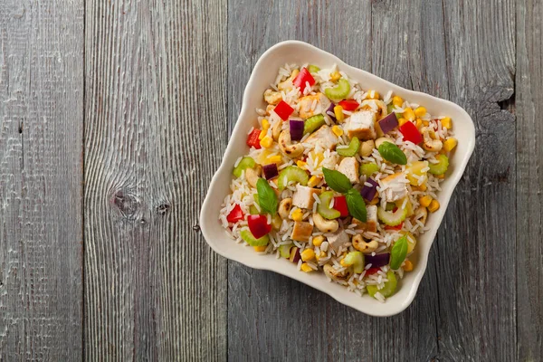 Salad Rice Chicken Peanuts Vegetables Top View — Stock Photo, Image