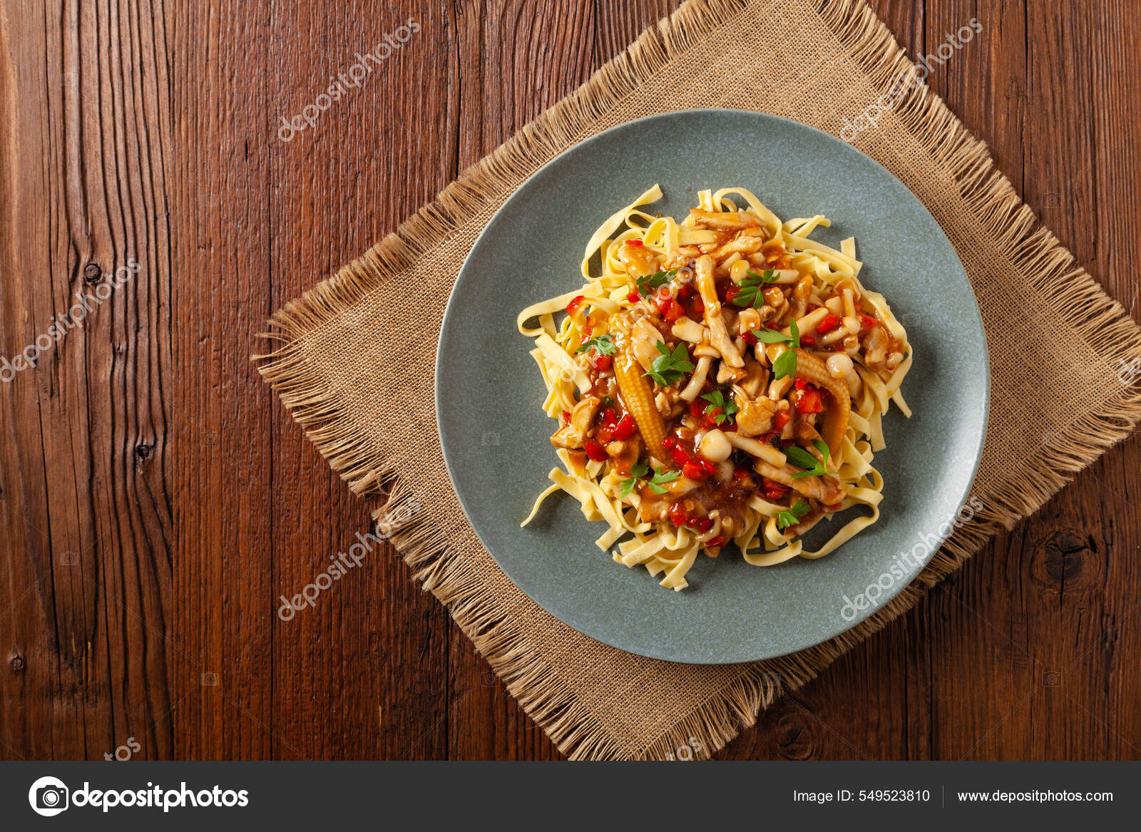 Traditional Noodles Shimeji Mushrooms Chicken Prepared Wok Served Gray