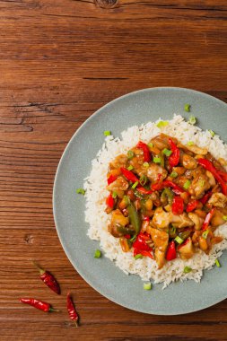 Tavuk kung pao. Fıstık ve biberli kızarmış tavuk parçaları. Üst Manzara. Düz yatıyordu. 