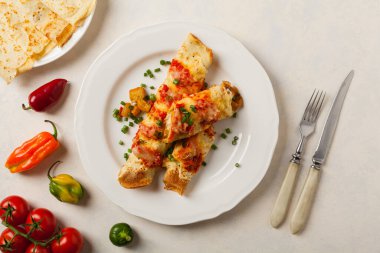 Domates soslu tavuklu fırında krep. Üst görünüm. 