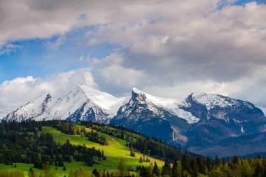 Güzel yeşil çayırlar ve Bialka Nehri 'nin en üst manzarası, Tatra Dağları' nın karla kaplı zirveleri. Havadan bak. İnsansız hava aracından görüntüle.