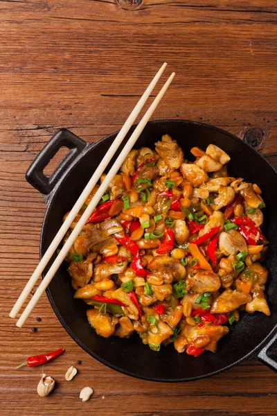 Chicken Kung Pao Fried Chicken Pieces Peanuts Peppers Top View — Stock Photo, Image