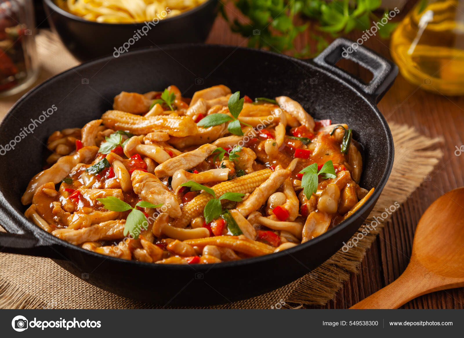 Traditional Noodles Shimeji Mushrooms Chicken Prepared Wok Wooden