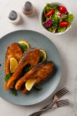 Parça parça sazan balığı, gri bir tabakta servis ediliyor. Parlak bir altyapısı var. Üst görünüm.