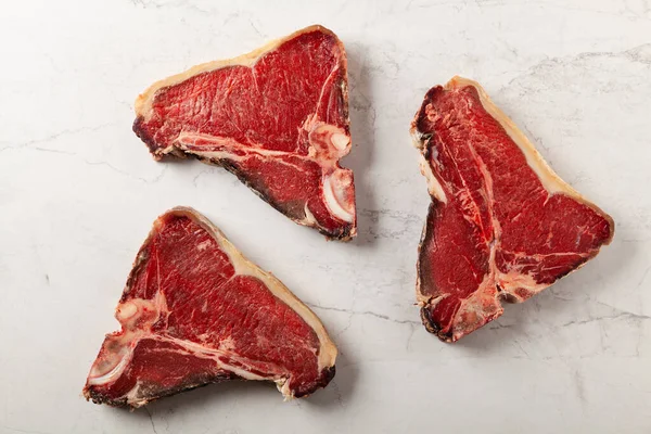 Raw Bone Steak Herbs Stone Bright Background — Stock Photo, Image