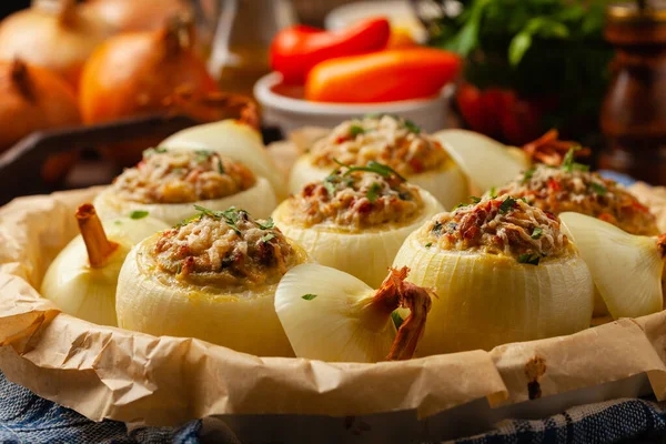 Onion Baked Cheese Stuffed Minced Meat Front View Served Parchment — Stock Photo, Image