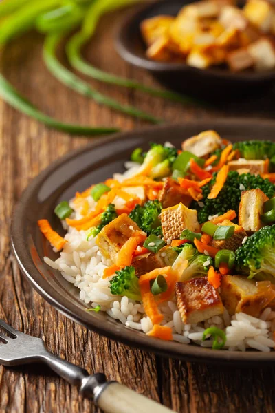 Tofu Rýží Zeleninou Podává Hnědém Talíři — Stock fotografie