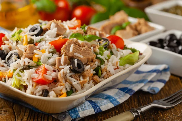 Italian Tuna Salad Rice Olives Capers Front View Natural Wooden — Stock Photo, Image