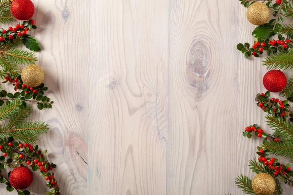 Vánoční Ozdoba Dřevěné Pozadí Prken Rámec Připraven Pro Text — Stock fotografie