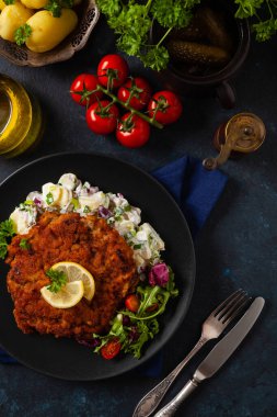 Klasik, geleneksel Viyana sığır filetosu şnitzel. Patates salatasında servis edildi. Üremiş. Koyu arkaplan.