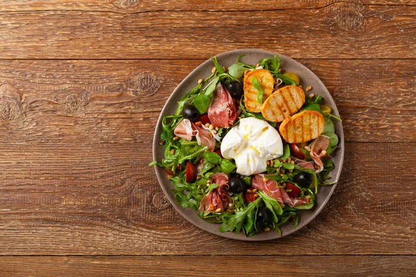 Salad Burrata Cheese Croutons Wooden Background — Photo