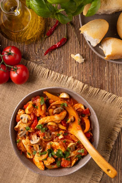 Chicken Stew Peppers Mushrooms Tomatoes Wooden Background — 图库照片