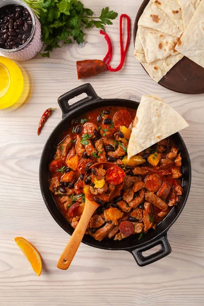 Pork Stew Chorizo Black Beans Served Orange Seasoned Hot Chili — Stock Photo, Image