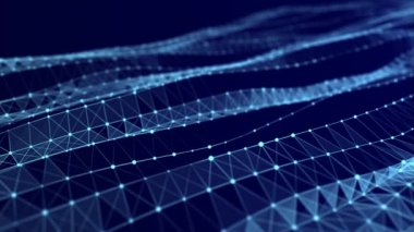 Parçacık dalgası. DNA 'lı teknoloji çizimi. Dinamik dalgalı soyut bir arkaplan. Ağ bağlantısı yapısı. 3d oluşturma.