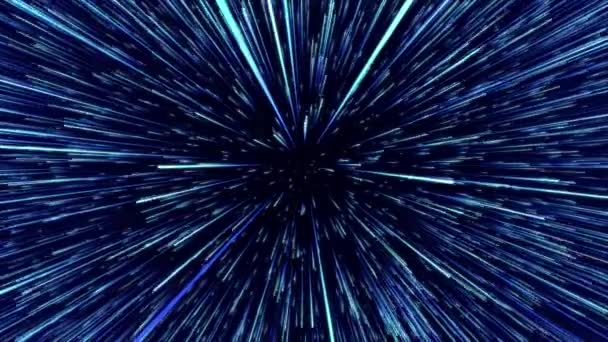 抽象的な青のハイパージャンプ 明るい粒子の流れとデジタルハイパースペース 銀河でのビームの動き 大爆発だ 光の速さで動く空間輝くトンネル 3Dレンダリング — ストック動画