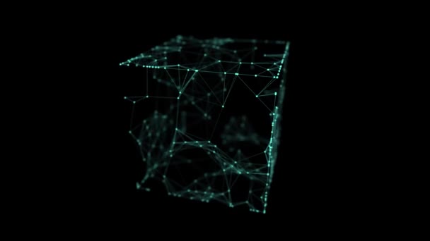 点と線を結ぶ緑の立方体を抽象化する ビッグデータ可視化 ブロックチェーン技術の概念 ワイヤフレームネットワーク接続構造 3Dレンダリング — ストック動画