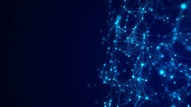 Noktaları ve çizgileri birleştiren soyut mavi küp. Büyük veri görselleştirmesi. Engelleme teknolojisi konsepti. Kablo çerçeve ağ bağlantı yapısı. 3d oluşturma.