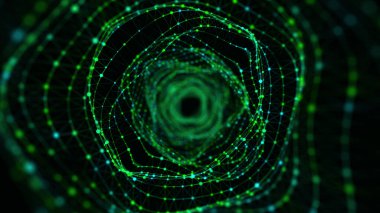 Soyut 3D portal. Çember tüneli ya da solucan deliği. Bağlı yeşil noktalarla dijital arkaplan. 3d oluşturma.