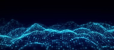 Mavi partikül dalgası. Büyük veri görselleştirmesi. Dinamik dalgalı soyut bir arkaplan. 3d oluşturma.