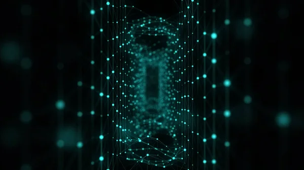 抽象3Dポータル 正方形のトンネルやワームホール 接続された緑のドットでデジタル背景 3Dレンダリング — ストック写真