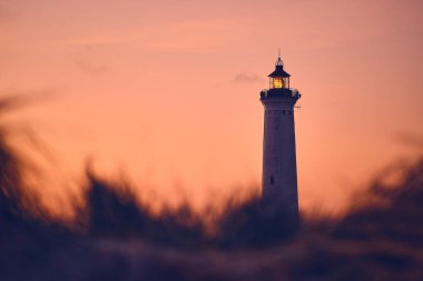 Kum tepelerinin üzerinde sabah sıcacık parıldayan deniz feneri.