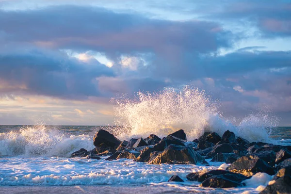 Wave Crashing Rocks Danish Coast High Quality Photo — Stock Photo, Image