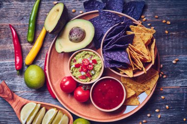Guacamole ve Salsa soslu Blue and Yellow Tortilla Chips. Yüksek kalite fotoğraf