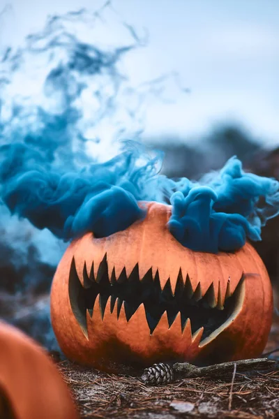 Evil Orange Pumpkin Blue Smoke High Quality Photo — Stock Photo, Image