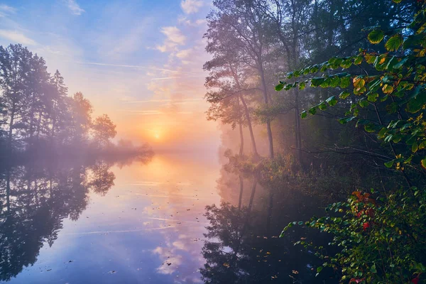 日出和雾气笼罩平静的湖面 高质量的照片 — 图库照片