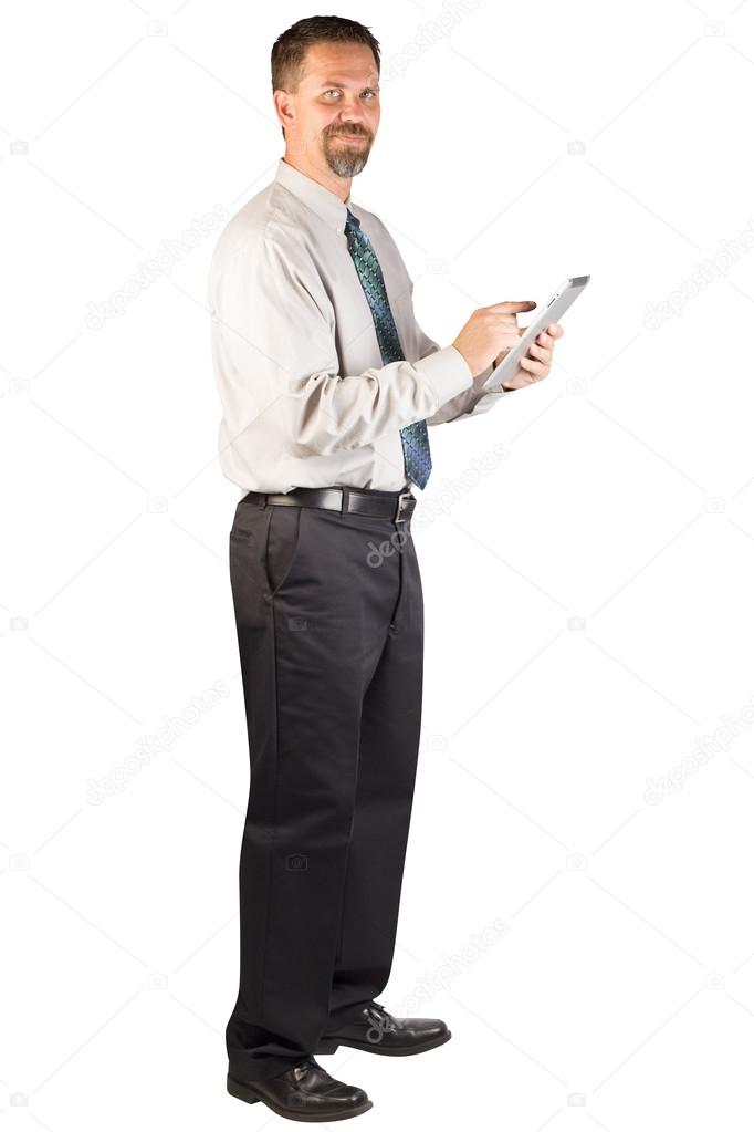 Corporate Man Standing and Using a Tablet Device