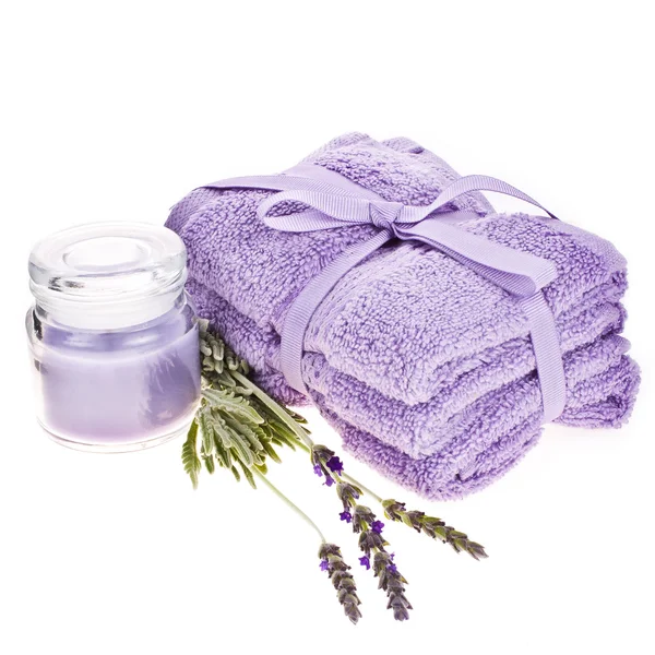 Spa concept - towel lilac, jar and lavender flower — Stock Photo, Image