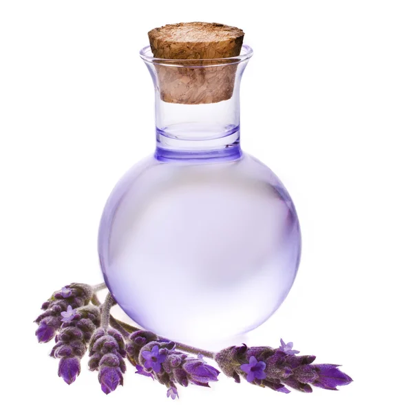 Água de flor de erva de lavanda em uma garrafa de vidro com flores — Fotografia de Stock