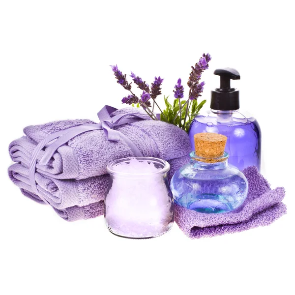 Spa concept - towels, avender water, lavender flowers — Stock Photo, Image