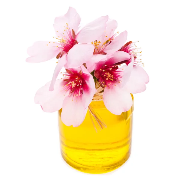 アーモンド オイルと新鮮な花で満たされたガラス ボトル — ストック写真