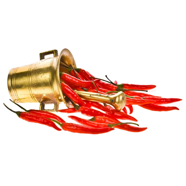 Red hot chili pepper in a copper mortar — Stock Photo, Image