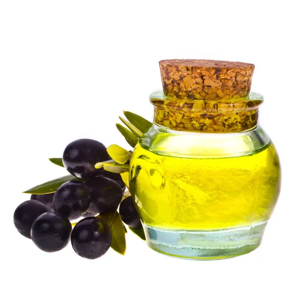 Маленькая стеклянная бутылка с оливковым маслом — стоковое фото