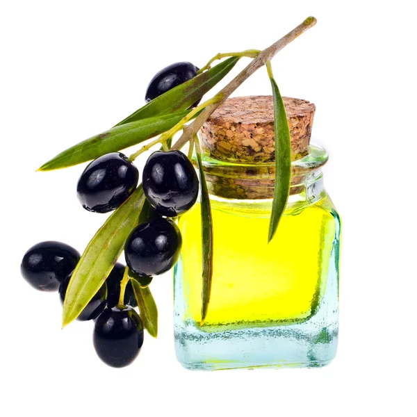 Pequeña botella de vidrio con aceite de oliva —  Fotos de Stock