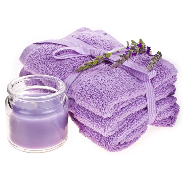 Spa concept - towel lilac, jar and lavender flower — Stock Photo, Image