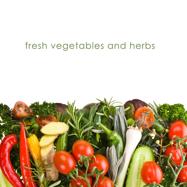 Fresh vegetables and herbs isolated on a white background with sample text — Stock Photo, Image