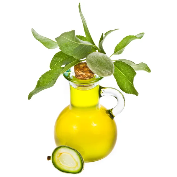Маленька скляна пляшка з оливковою олією — стокове фото