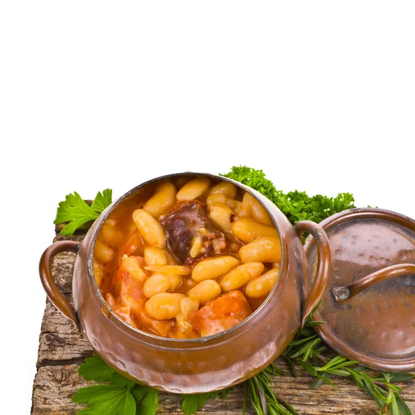 Traditional spanish beans stew native from Asturias Region in an old