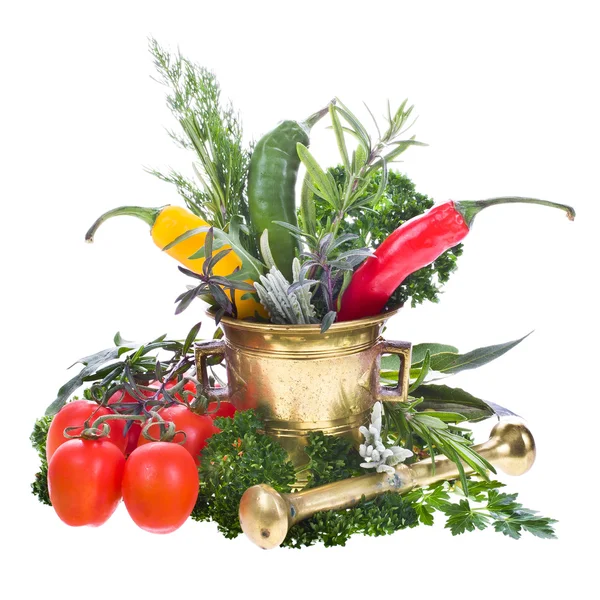 Resh vegetables , herbs a copper mortar — Stock Photo, Image