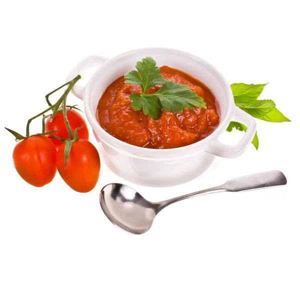 Tomato paste in a white pot, cherry tomatoes Stock Photo by ©vanazi