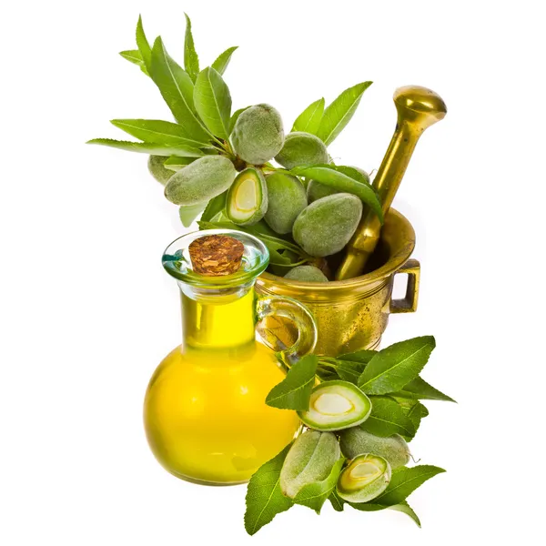 Small glass bottle with olive oil — Stock Photo, Image