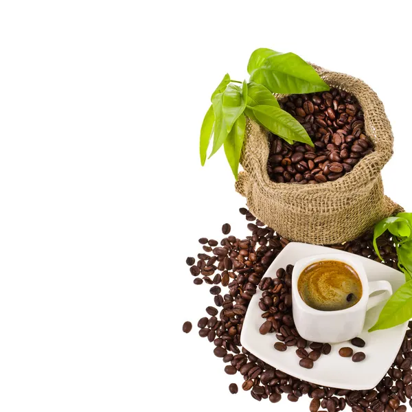 Saco de lona com grãos de café — Fotografia de Stock